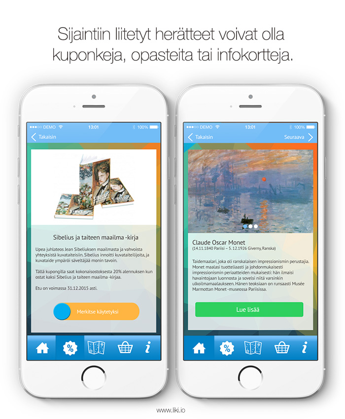 Beacon-herätteet eri sijainneissa voivat olla kuponkeja, opasteita tai infokortteja