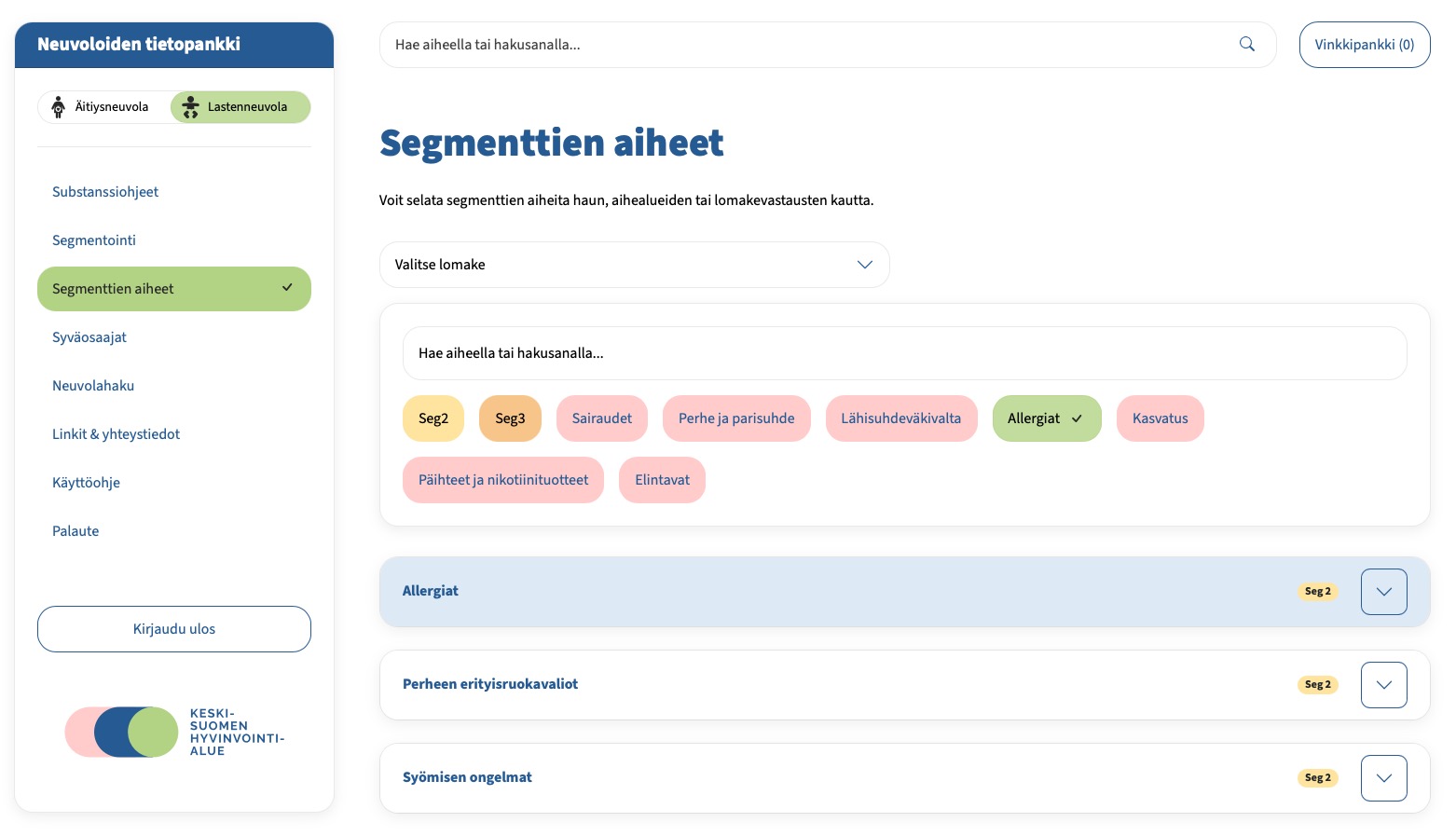 Segmentointityökalun käyttöliittymä