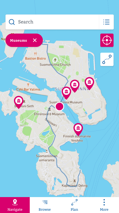 Filters can be used to browse different types of destinations and search results on the map