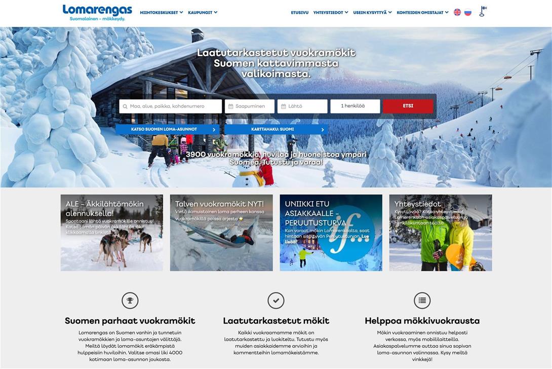 Lomarengas.fi -sivusto dekstopissa ja mobiilissa
