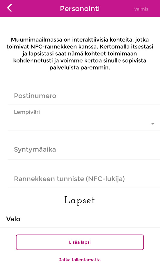 Mobiilisovelluksen personointinäkymä