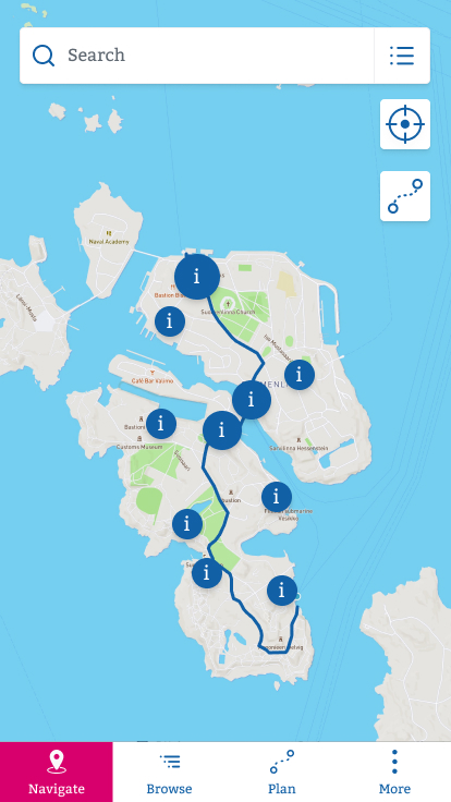 Kartta on palvelun oletustoiminto. Kartta esittää visuaalisesti kohteet suhteessa omaan sijaintiin ja klusteroi paljon kohteita sisältävät alueet. Sininen reitti on yleinen suositeltu reitti ja se näkyy karttapohjalla aina.