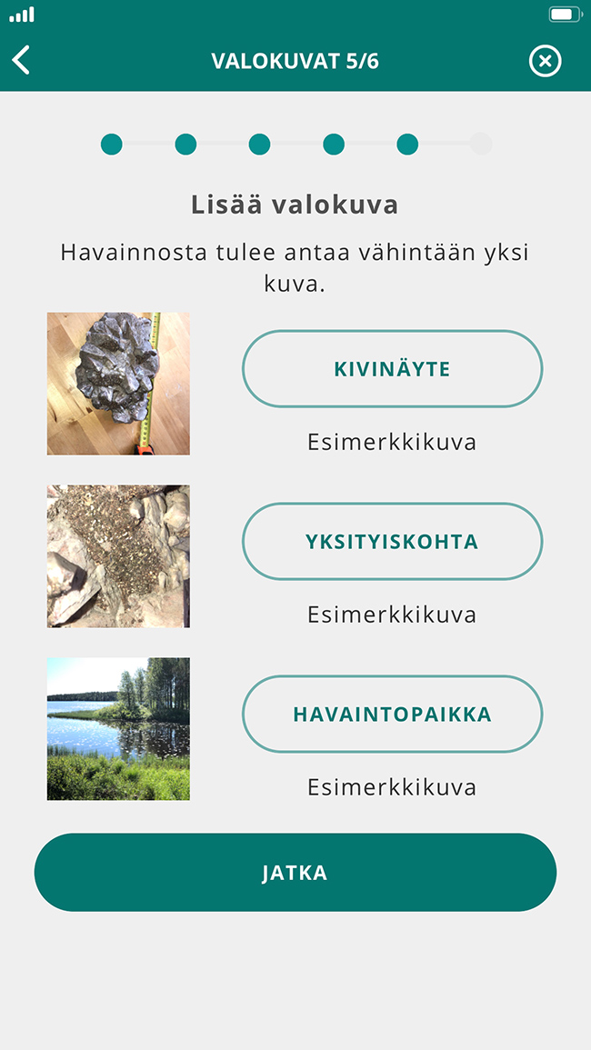 OmaKivi-mobiilisovelluksen näytteen kuvien lisäämisnäkymä