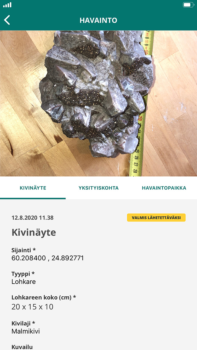 OmaKivi-mobiilisovelluksen näkymä valmiista kivinäytteestä