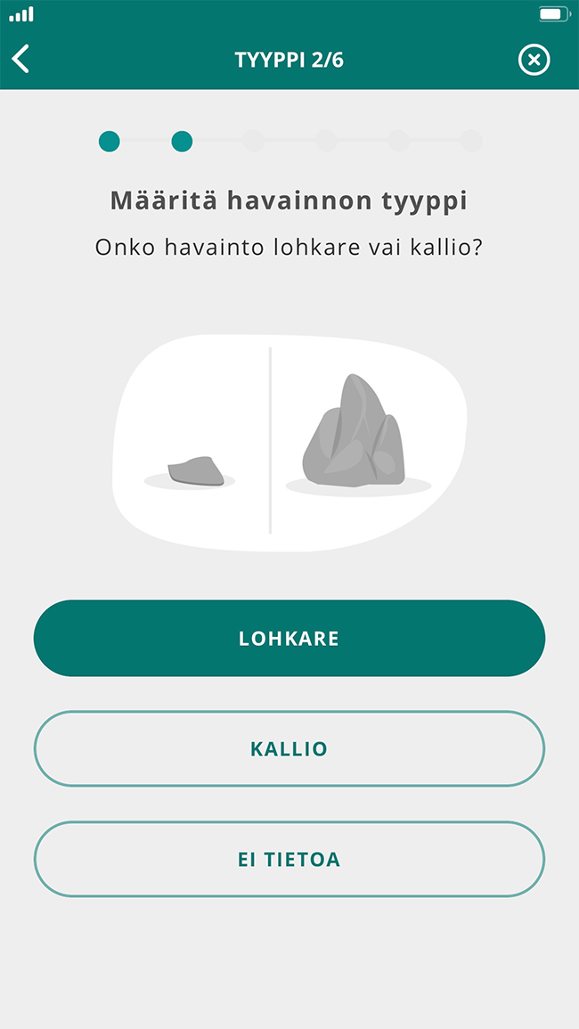 OmaKivi-mobiilisovelluksen havaintotyypin valintanäkymä