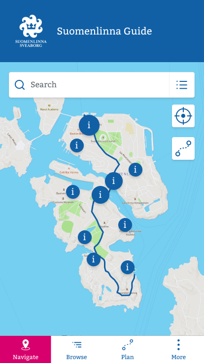 Suomenlinnan mobiilioppaan karttanäkymä