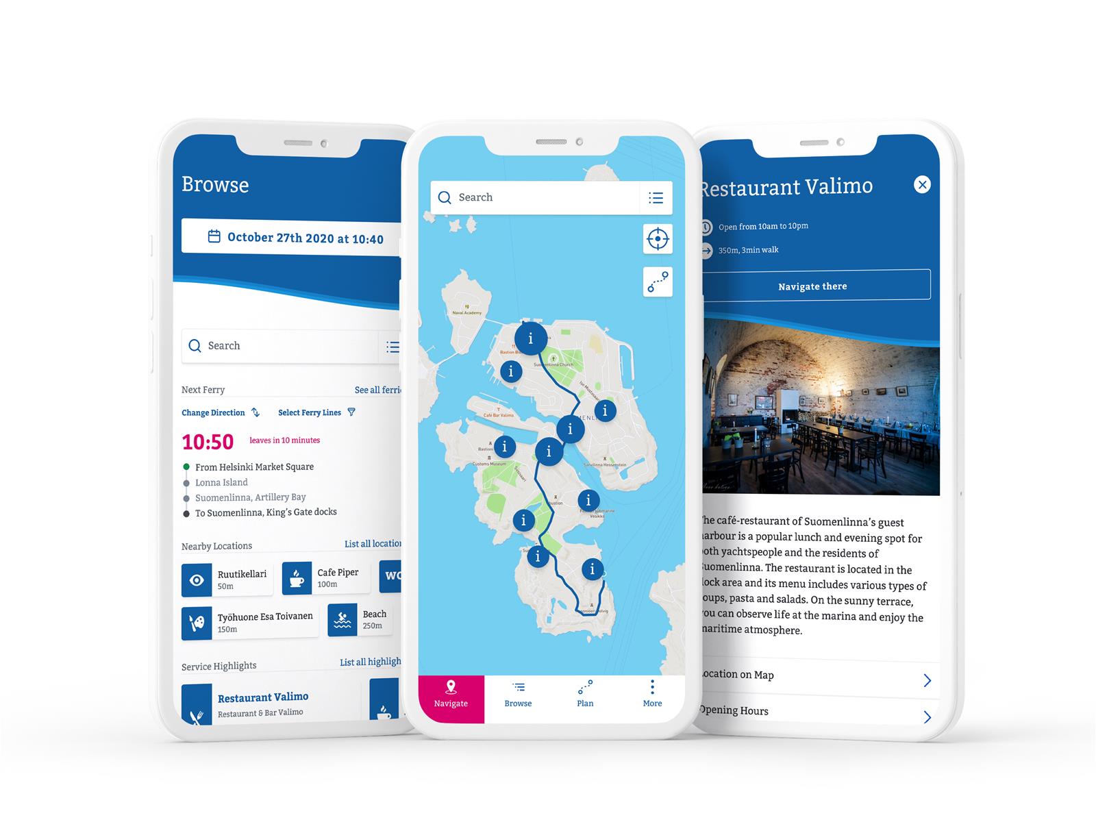 Mobiilioppaan visualisoidut konseptikuvat älypuhelimien ruuduilla