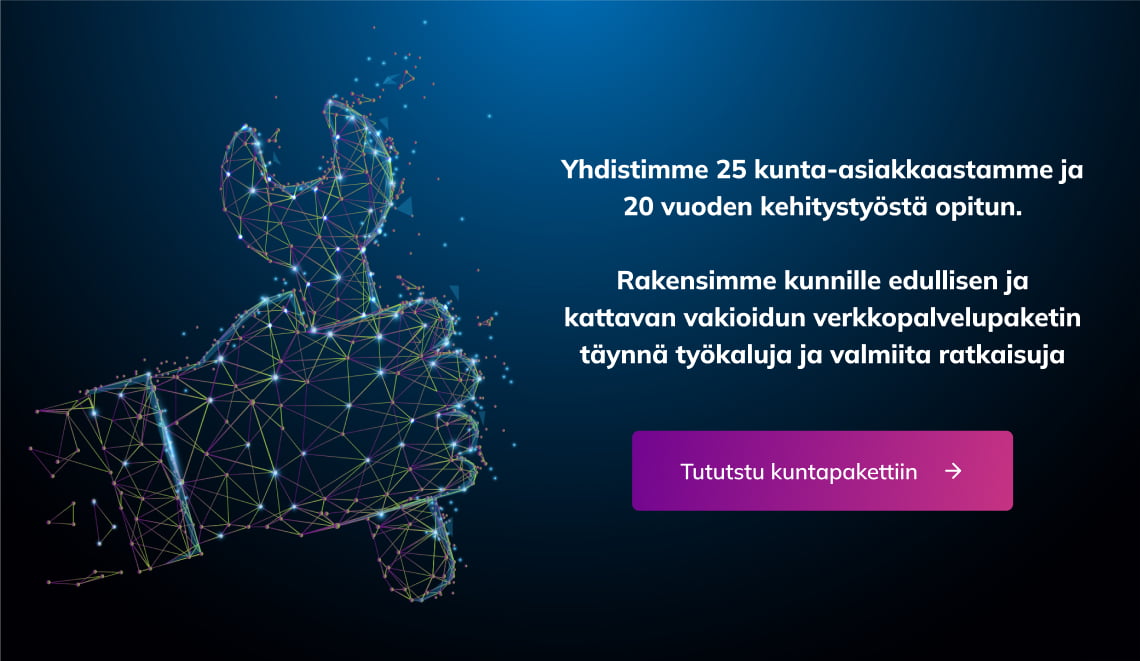 Klikkaa ladataksesi esite (pdf). Kuntapaketti sisältää verkkosivuston, Suomi.fi-integraation palvelutietovarantoon ja verkkoajanvarauksen palveluille ja asiantuntijoille