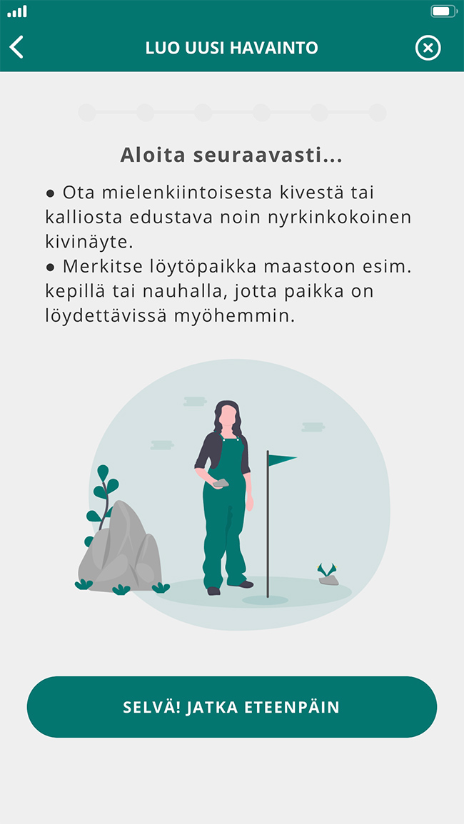 OmaKivi-mobiilisovellus, kivinäytteen lisäämisen ohjenäkymä